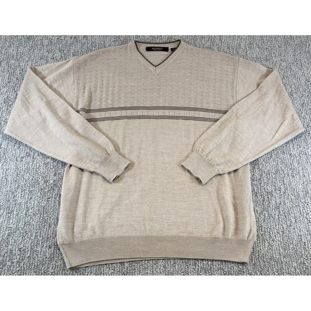 Bachrach Wool Blend Sweater Men's‎ Large Beige V-Neck Long Sleeve Italian Wool